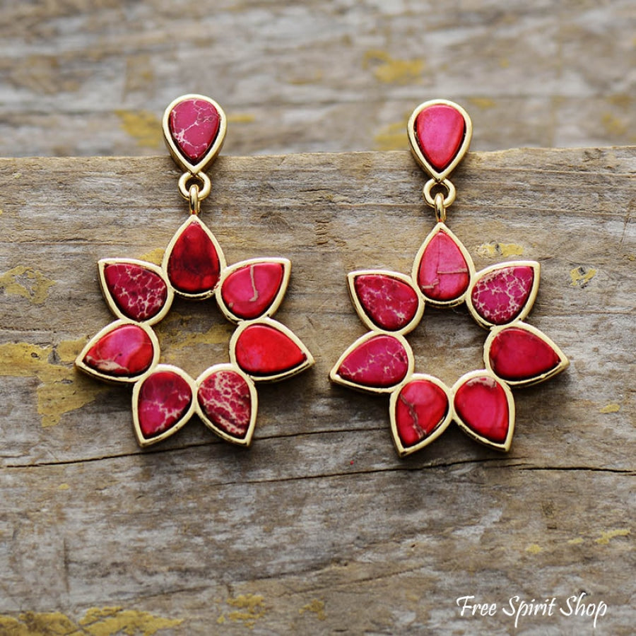 Handmade Colorful Jasper Flower Earrings Red