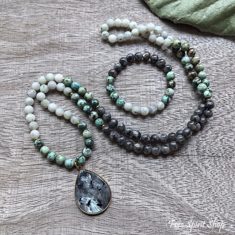 108 Natural Black Labradorite & African Turquoise Mala Bead Necklace