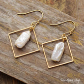 Freshwater Pearl Geometric Square Dangle Earrings - Jewelry > Earrings > Gemstone Earrings