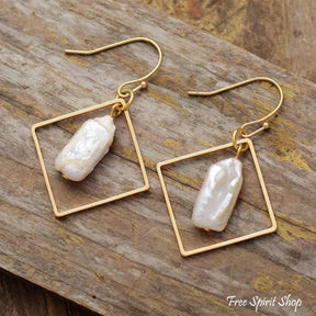 Freshwater Pearl Geometric Square Dangle Earrings - Jewelry > Earrings > Gemstone Earrings