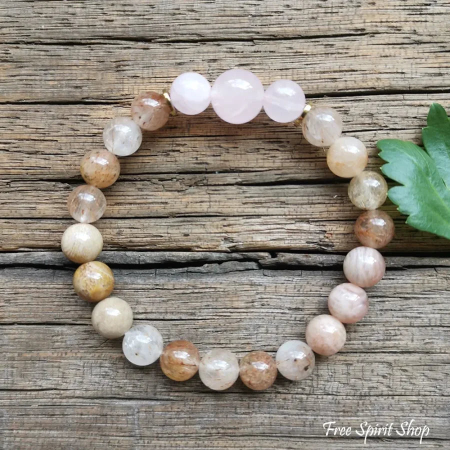 108 Natural Sunstone Rutilated Quartz & Rose Mala Bead Necklace / Bracelet