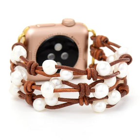 Handmade Pearl And Leather Apple Watch Band Smartwatch / Strap > Gemstone Bead Beaded