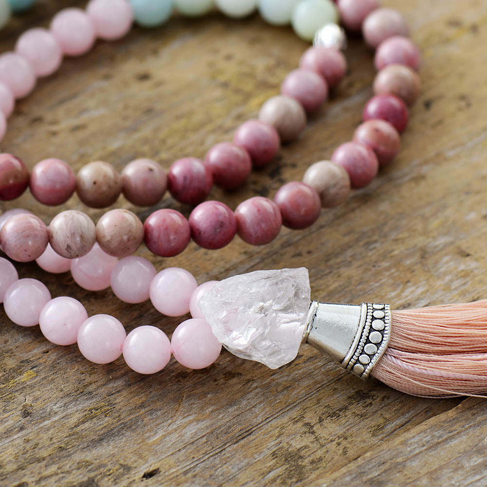 108 Natural Rhodonite Rose Quartz Amazonite & Clear Quartz Mala Bead Necklace