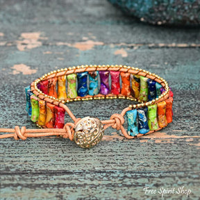 7 Chakra Jasper Tube Bead Leather Bracelet With Gold Accents Jewelry > Bracelet > Gemstone Bead Bracelet > Wrap Bracelet