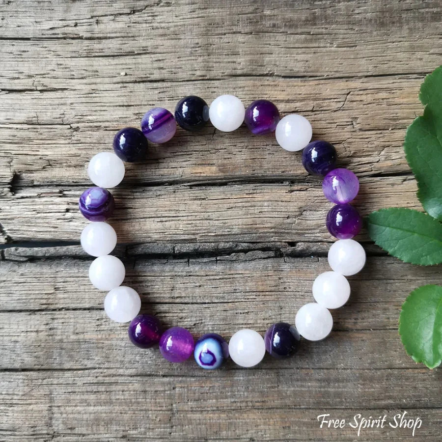 Purple Stripe Onyx Rose Quartz & Amethyst Elastic Bead Bracelet