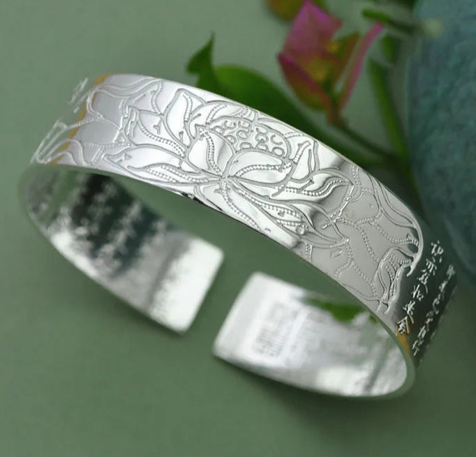 S990 Silver Buddhist Lotus & Heart Sutra Bangle Bracelet