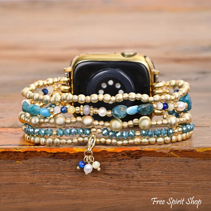 Ocean Blue Apatite Beaded Apple Watch Band Smartwatch Band / Strap > Gemstone Bead Watch Band > Beaded Apple Watch Band