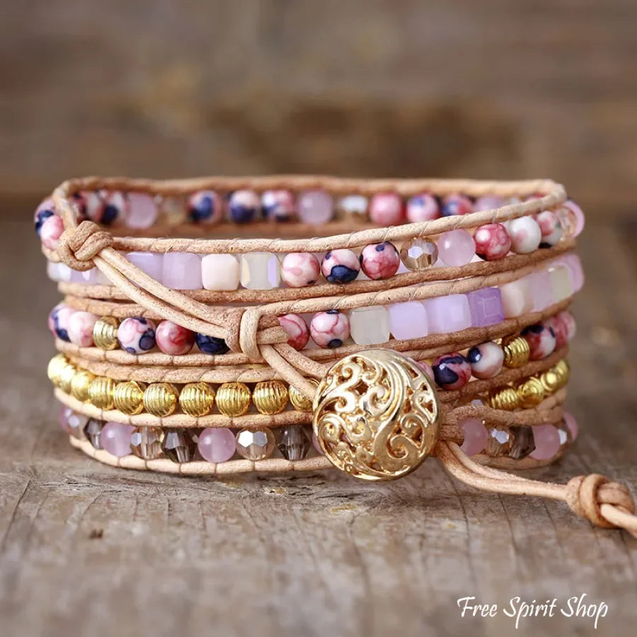 Handmade Rose Quartz & Gold Beads Wrap Bracelet Jewelry > Gemstone Bead