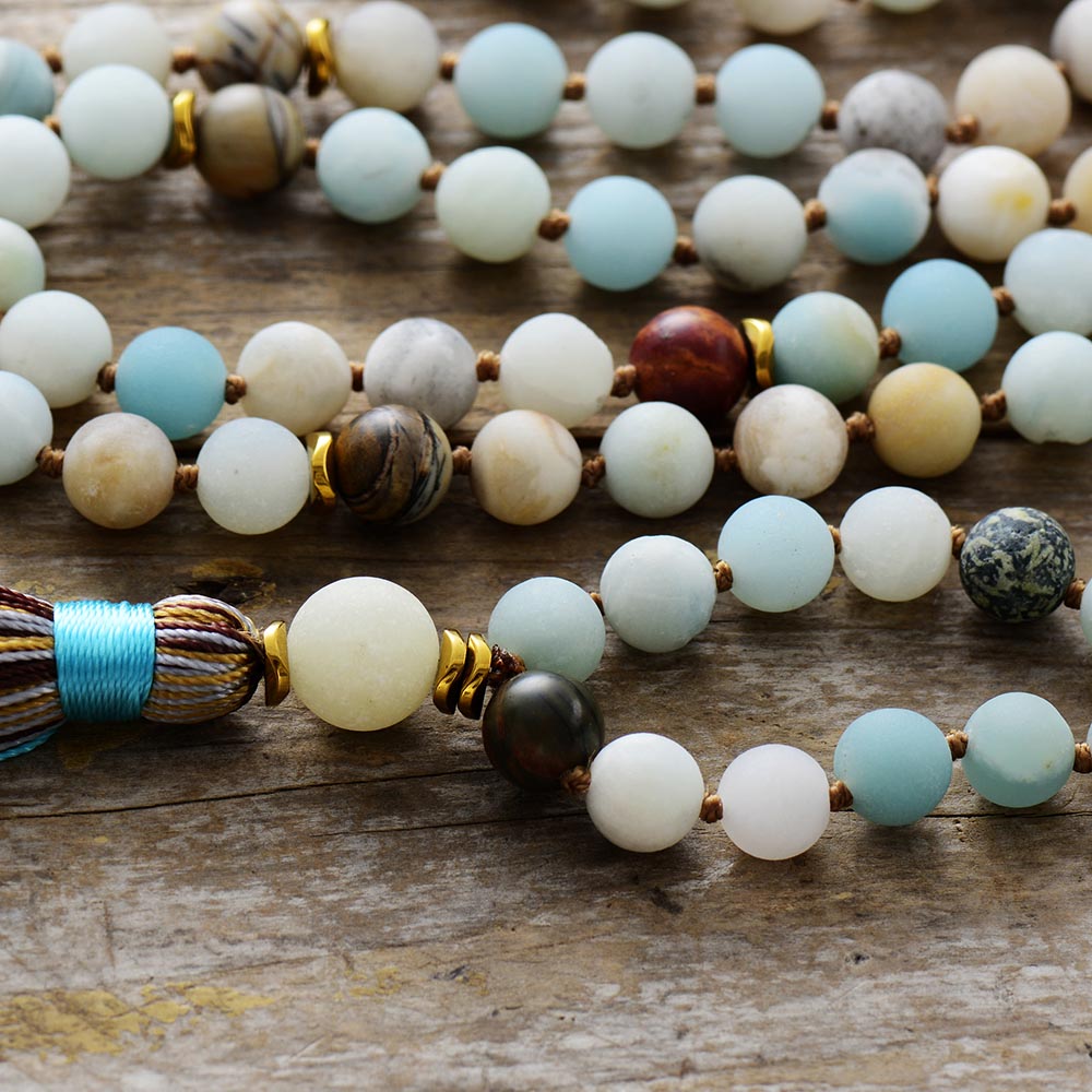 108 Natural Amazonite & Jasper Mala Bead Necklace