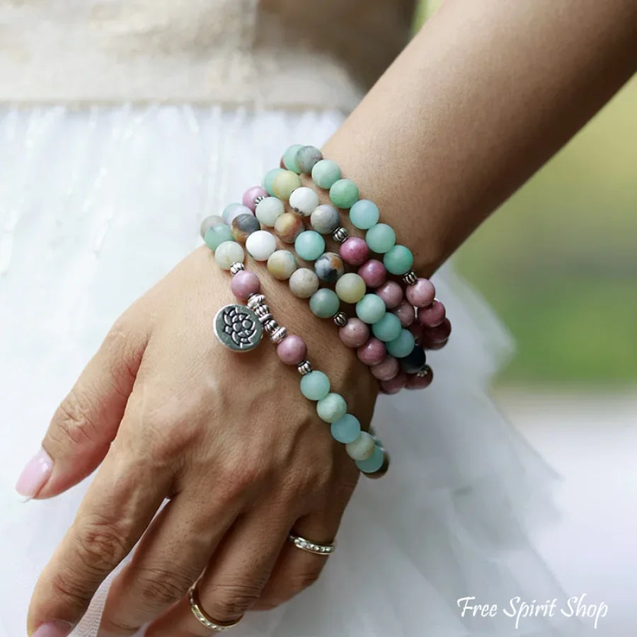 Natural Amazonite & Rhodonite 108 Bead Mala Bracelet Jewelry > Gemstone