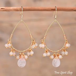 Natural Rose Quartz Crystal Bead Drop Earrings Jewelry > Gemstone