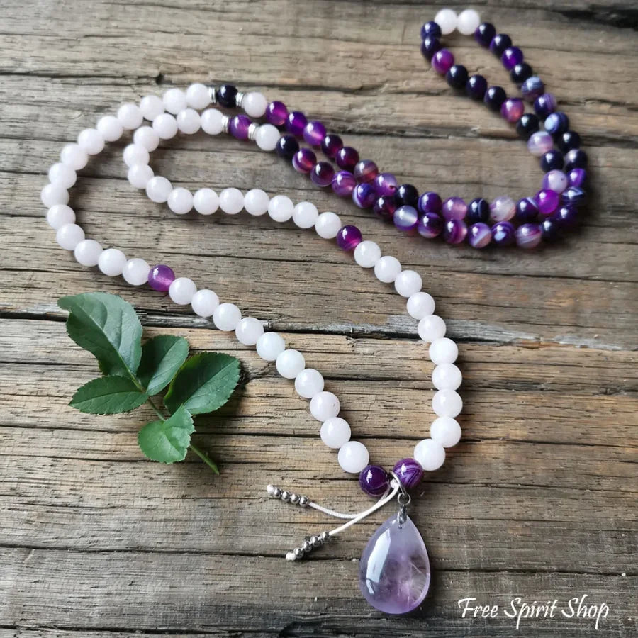 108 Purple Stripe Onyx Rose Quartz & Amethyst Mala Bead Necklace Jewelry > Gemstone