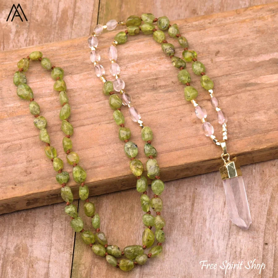 Natural Phantom Quartz & Clear Quartz Necklace - Jewelry > Gemstone Bead Necklace