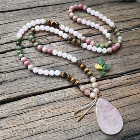 108 Natural Rose Quartz African Turquoise Tiger Eye & Rhodonite Mala Stone Bead Necklace