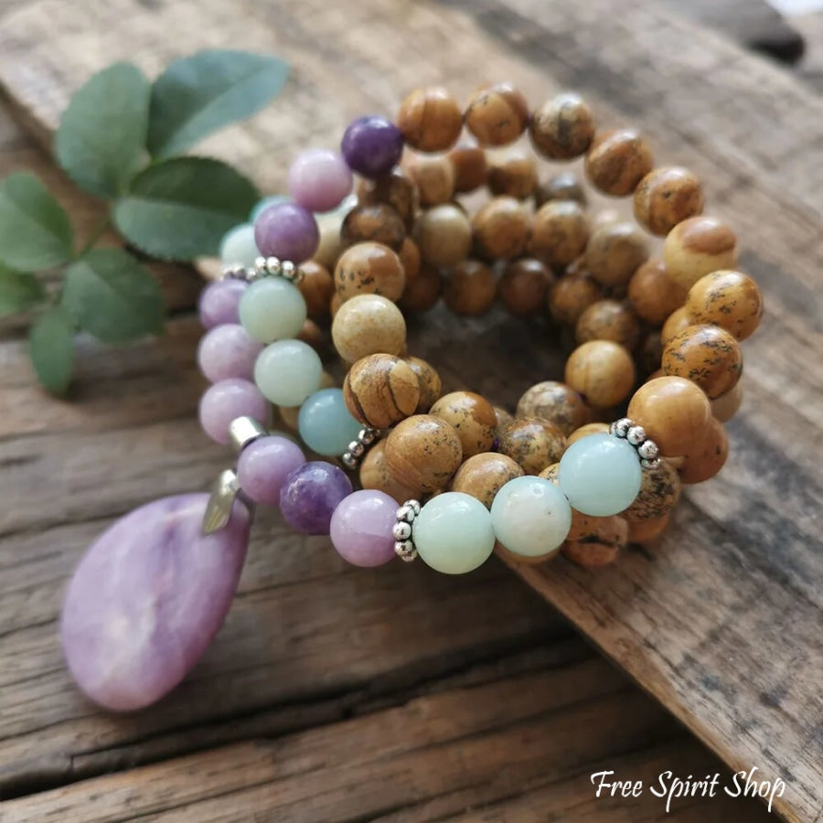 108 Natural Picture Jasper Amazonite & Lepidolite Mala Bead Necklace Jewelry > Gemstone