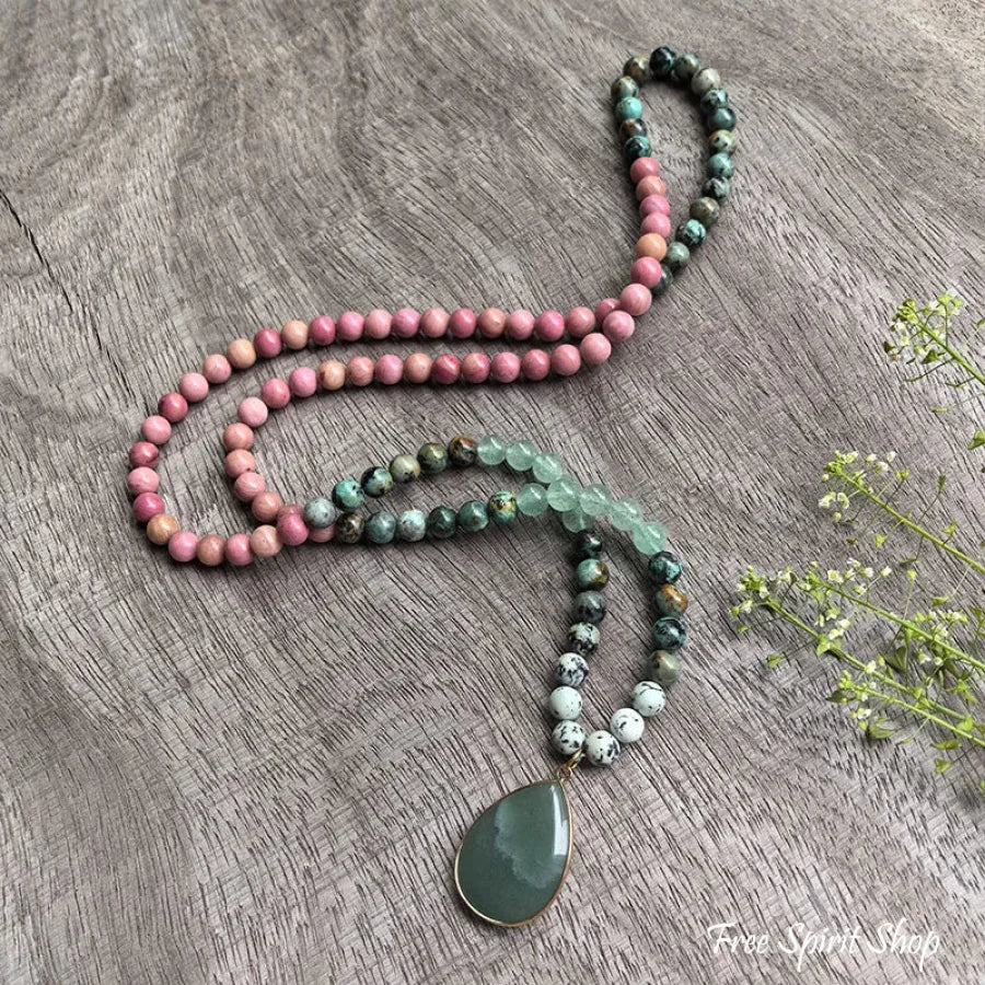 108 Natural Rhodonite Green Aventurine & African Turquoise Mala Necklace Jewelry > Gemstone Bead Necklace > 108 Mala