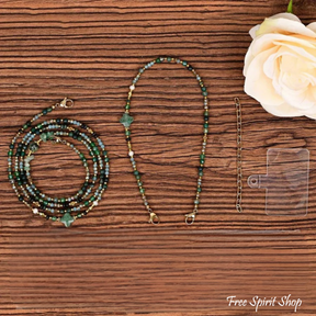 4-in-1 Natural Stone Emerald Forest Beaded Chain – Necklace, Choker, Bracelet & Phone Chain Accessory