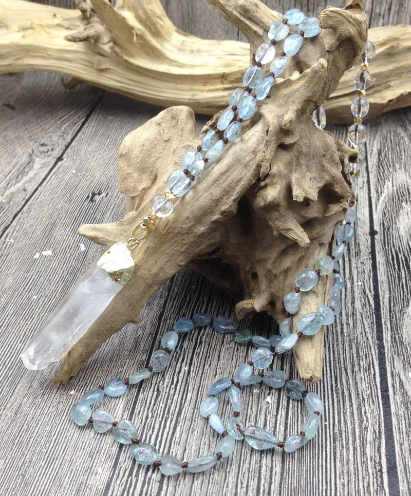 Natural Aquamarine & Clear Quartz Gemstone Necklace