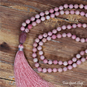108 Natural Pink Rhodonite & Garnet Mala Bead Necklace