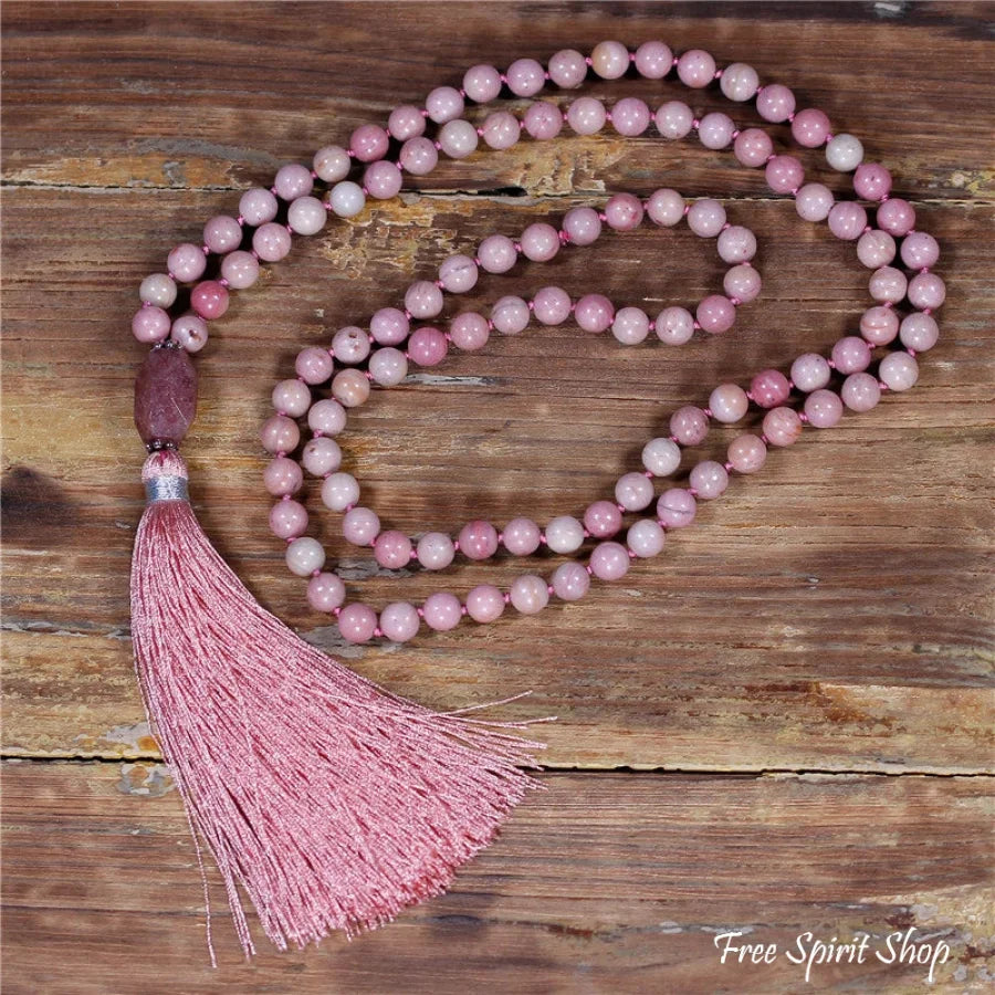 108 Natural Pink Rhodonite & Garnet Mala Bead Necklace