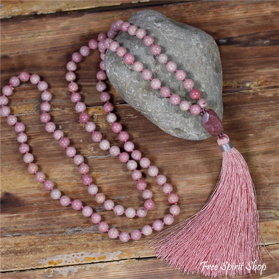 108 Natural Pink Rhodonite & Garnet Mala Bead Necklace