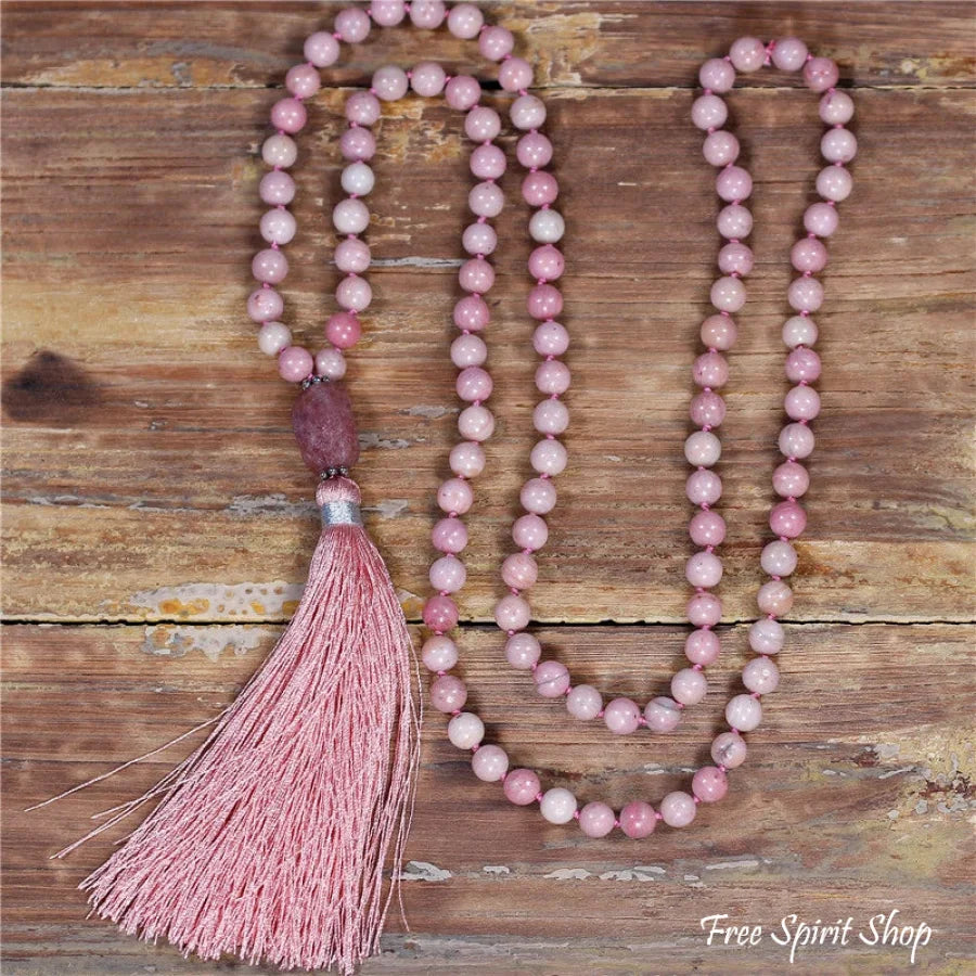 108 Natural Pink Rhodonite & Garnet Mala Bead Necklace