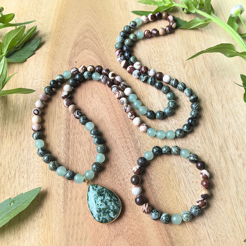 108 Zebra Jasper Green Jade & Green Aventurine Mala Bead Necklace