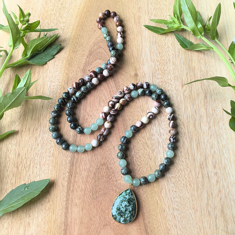 108 Zebra Jasper Green Jade & Green Aventurine Mala Bead Necklace