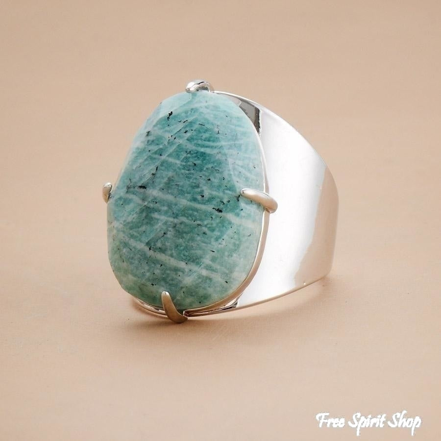 Big Amazonite Stone Ring - Gold or Silver - Free Spirit Shop