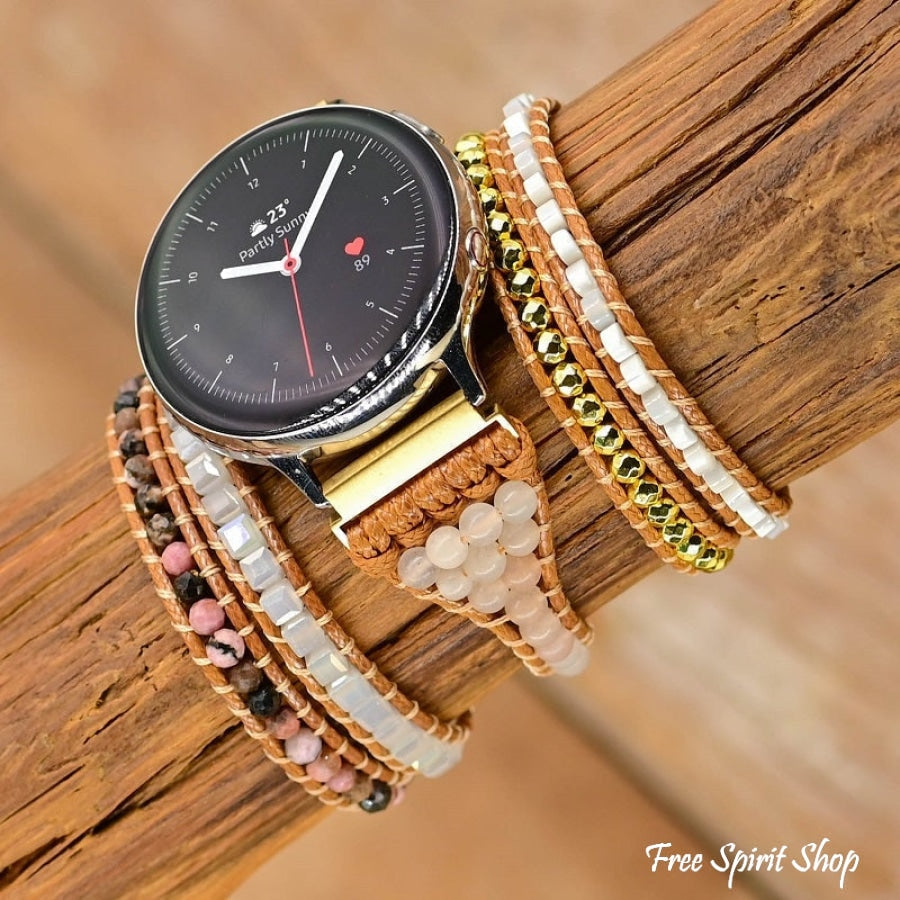 Google Pixel Watch Band With Natural Selenite Sunstone & Rhodonite Beads - Free Spirit Shop