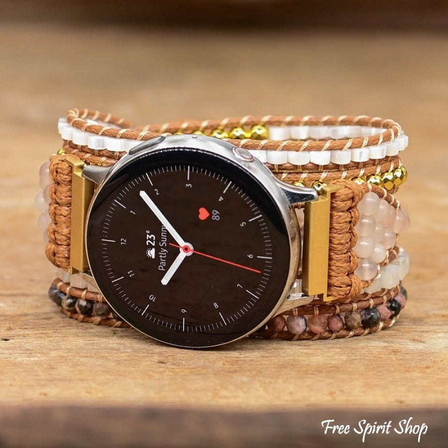 Google Pixel Watch Band With Natural Selenite Sunstone & Rhodonite Beads - Free Spirit Shop