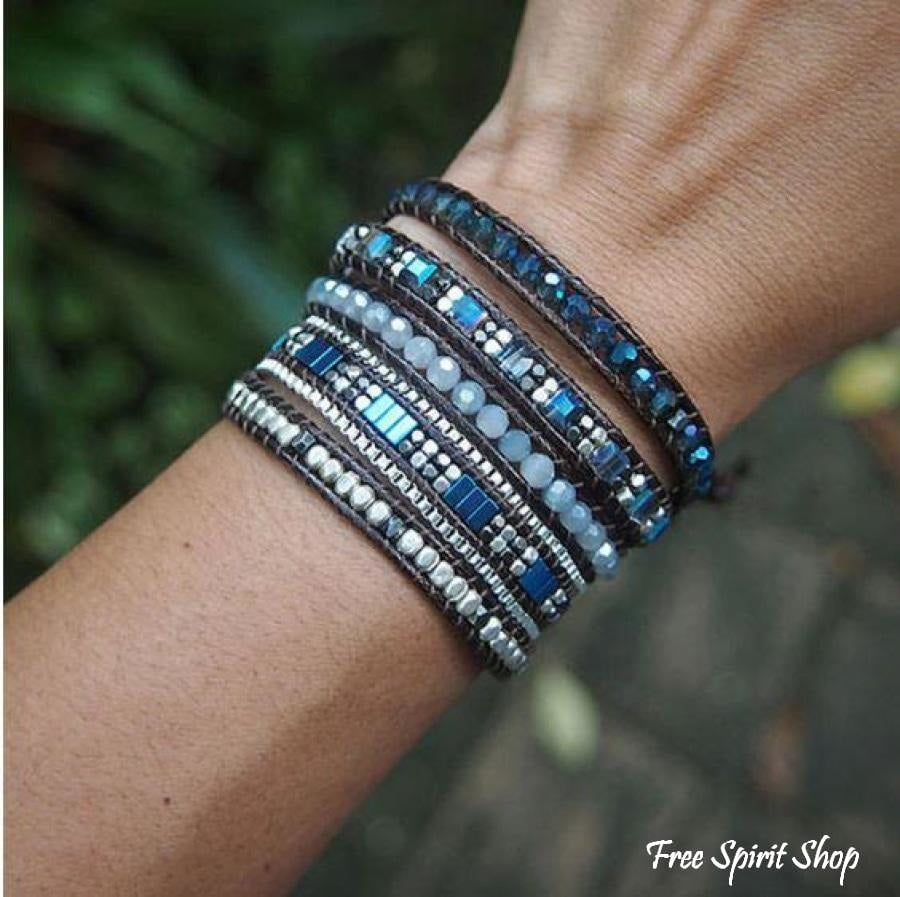 Handmade Crystal & Hematite Blue Wrap Bracelet - Free Spirit Shop