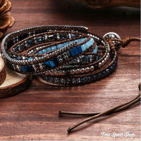 Handmade Crystal & Hematite Blue Wrap Bracelet - Free Spirit Shop