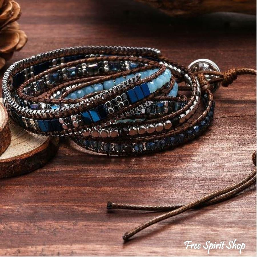 Handmade Crystal & Hematite Blue Wrap Bracelet - Free Spirit Shop