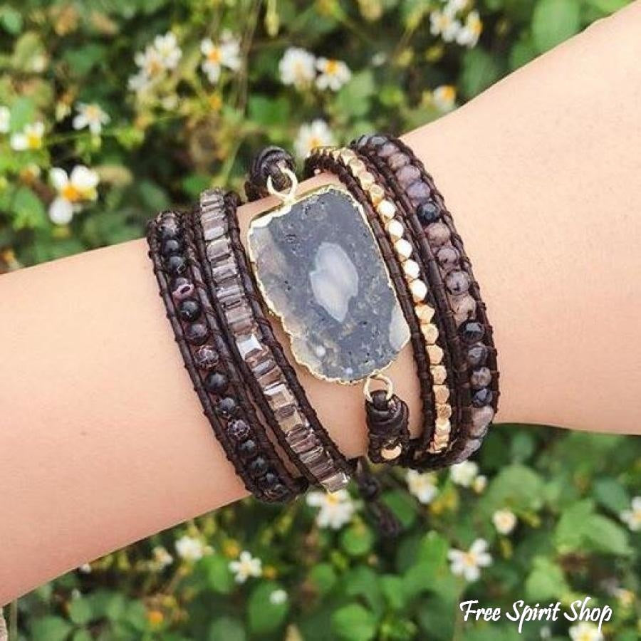 Handmade Dark Ocean Agate Gemstone Wrap Bracelet - Free Spirit Shop