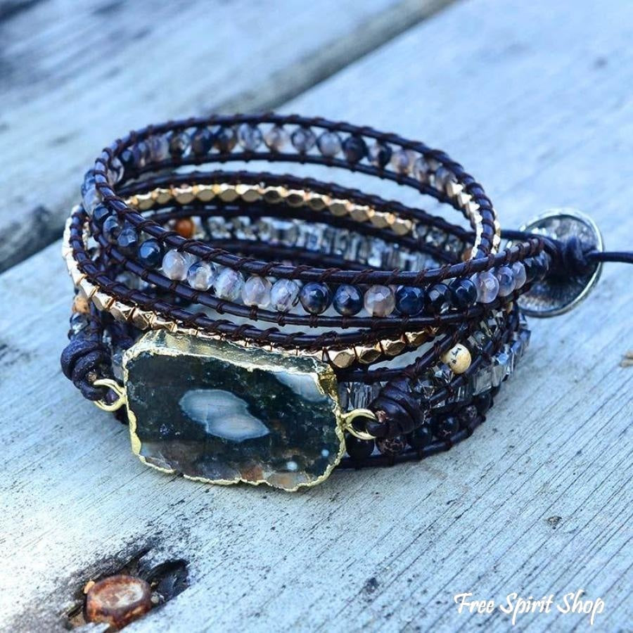 Handmade Dark Ocean Agate Gemstone Wrap Bracelet - Free Spirit Shop