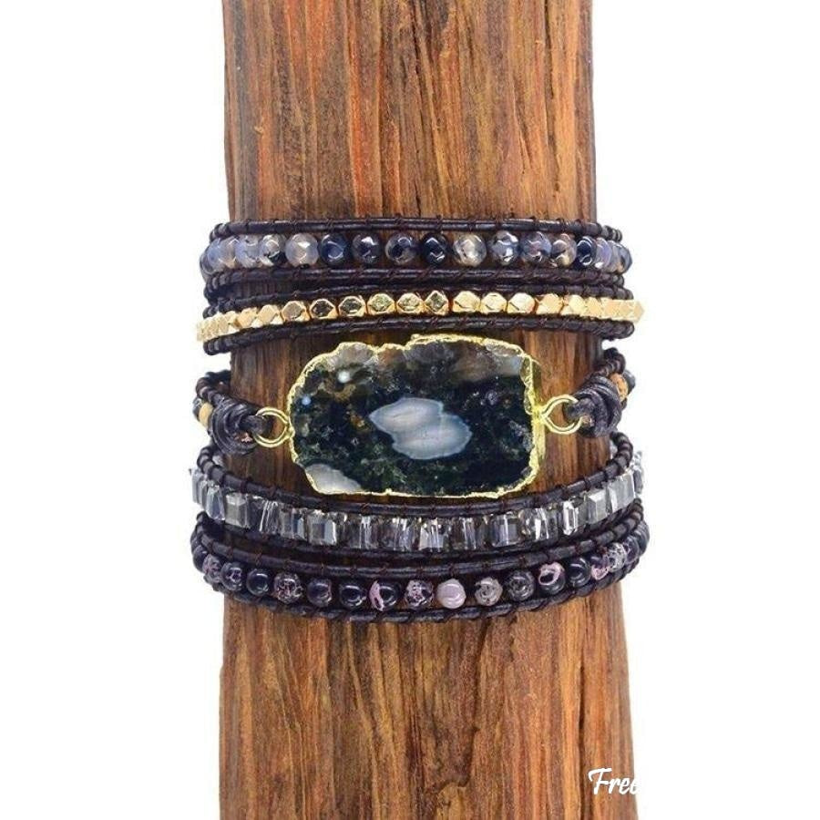 Handmade Dark Ocean Agate Gemstone Wrap Bracelet - Free Spirit Shop