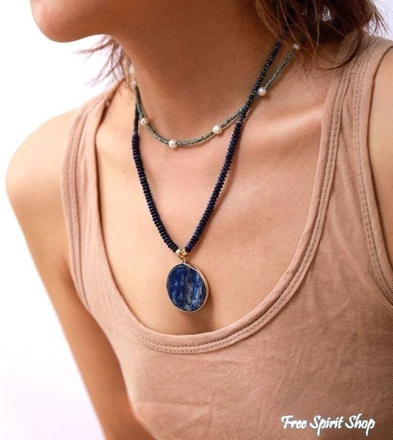 Handmade Lapis Lazuli Circle Pendant Necklace - Free Spirit Shop