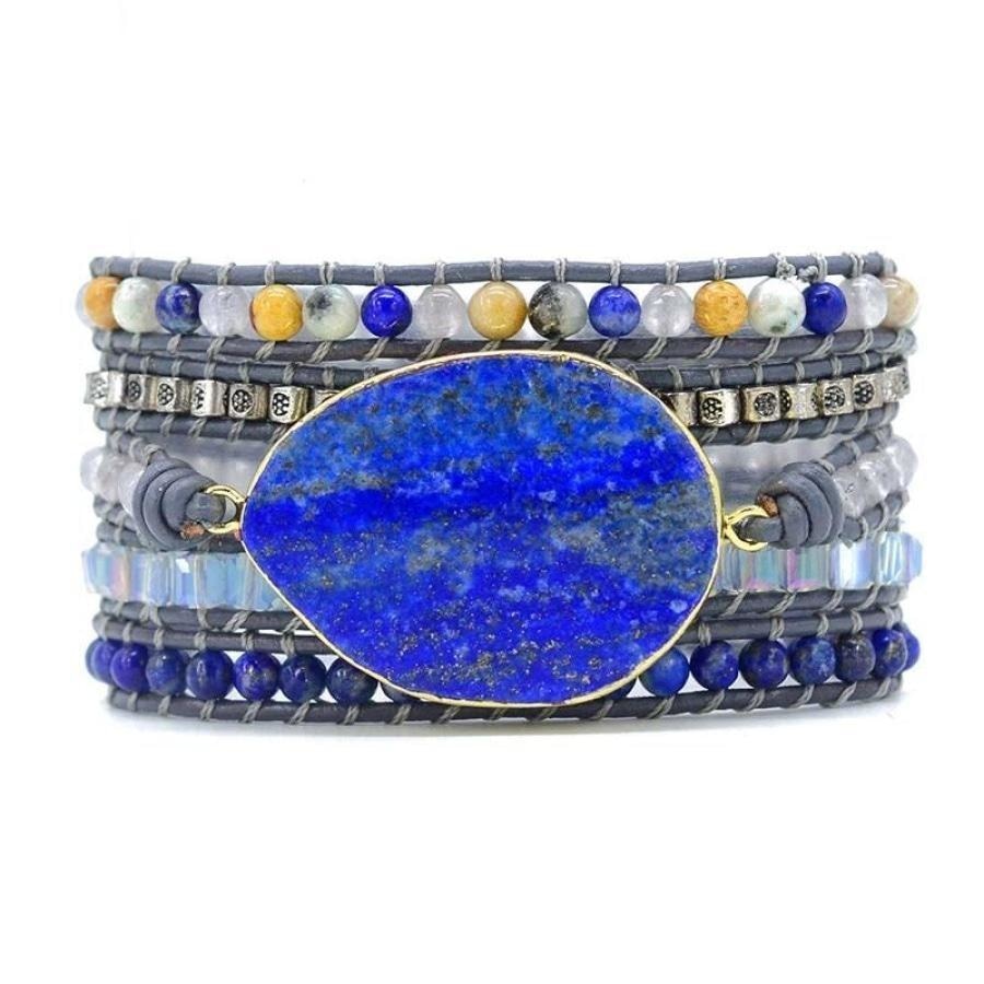 Handmade Lapis Lazuli Stone Leather Wrap Bracelet - Free Spirit Shop