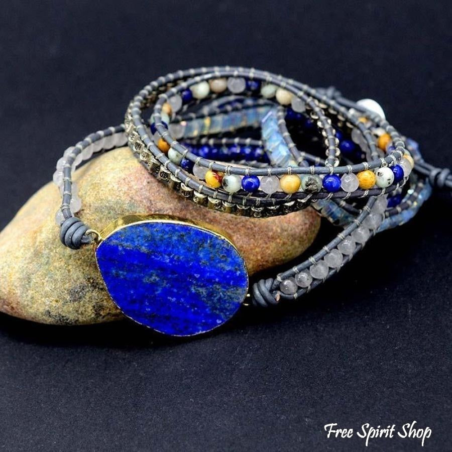 Handmade Lapis Lazuli Stone Leather Wrap Bracelet - Free Spirit Shop