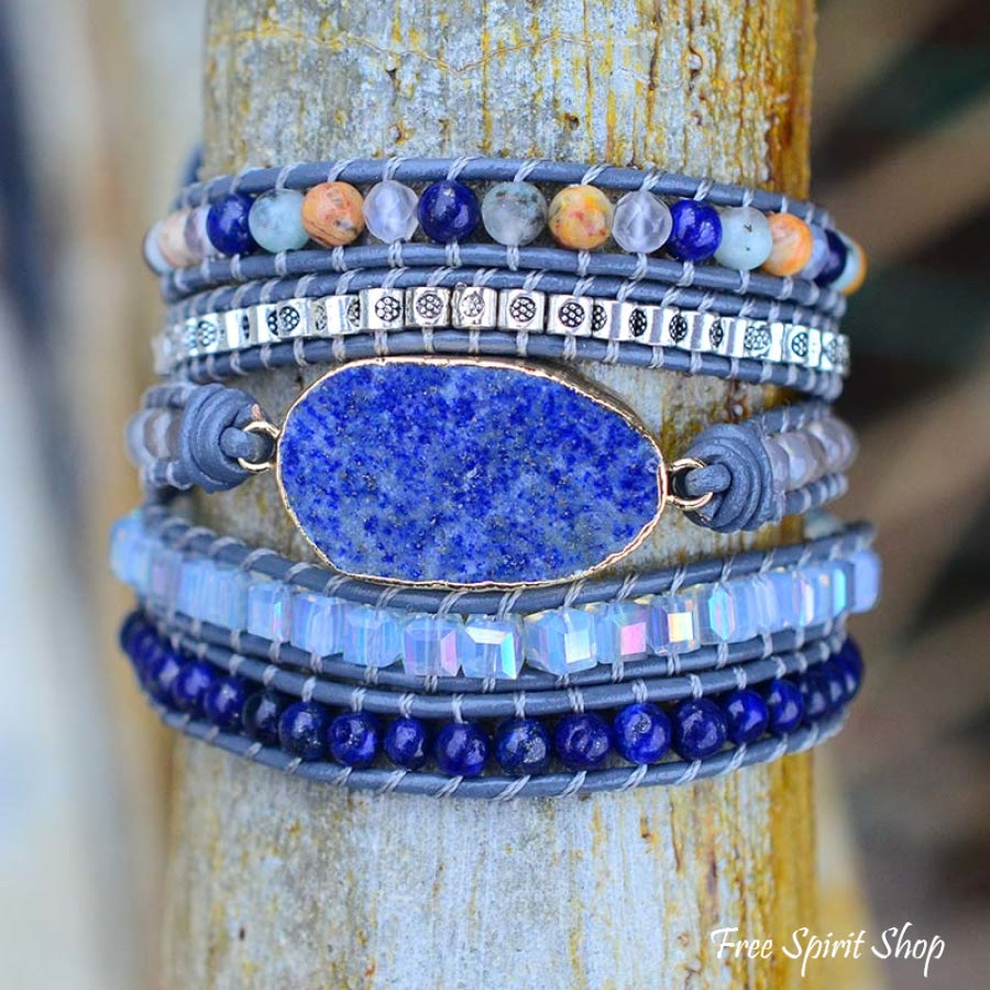 Handmade Lapis Lazuli Stone Leather Wrap Bracelet - Free Spirit Shop