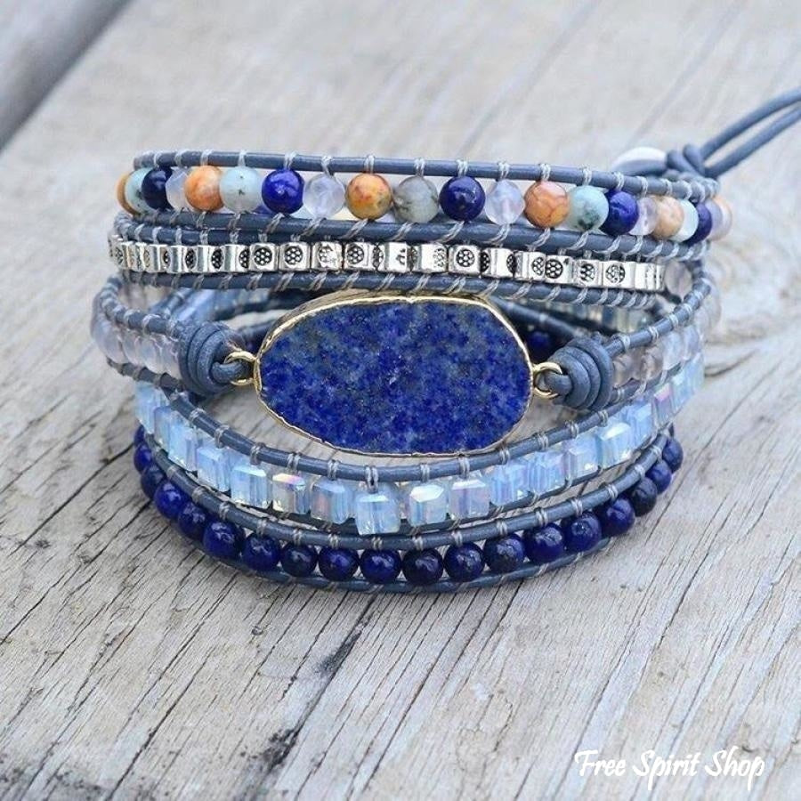 Handmade Lapis Lazuli Stone Leather Wrap Bracelet - Free Spirit Shop