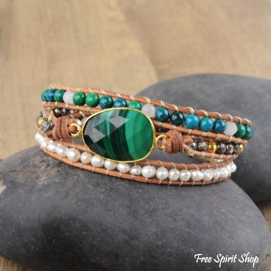 Handmade Malachite Chrysocolla & Pearl Wrap Bracelet - Free Spirit Shop