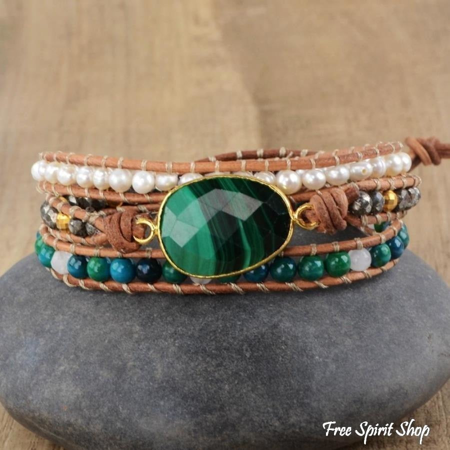 Handmade Malachite Chrysocolla & Pearl Wrap Bracelet - Free Spirit Shop