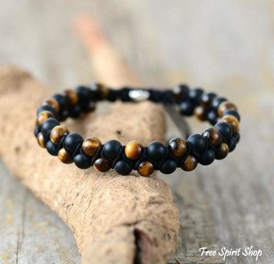 FRG Initial Bracelet For Men - Adjustable Braided Rope With Black Onyx & Tiger Eye Beads, Custom Letter