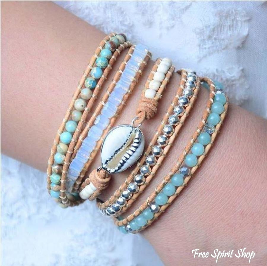 Handmade Natural Amazonite & Howlite Shell Leather Wrap Bracelet - Free Spirit Shop