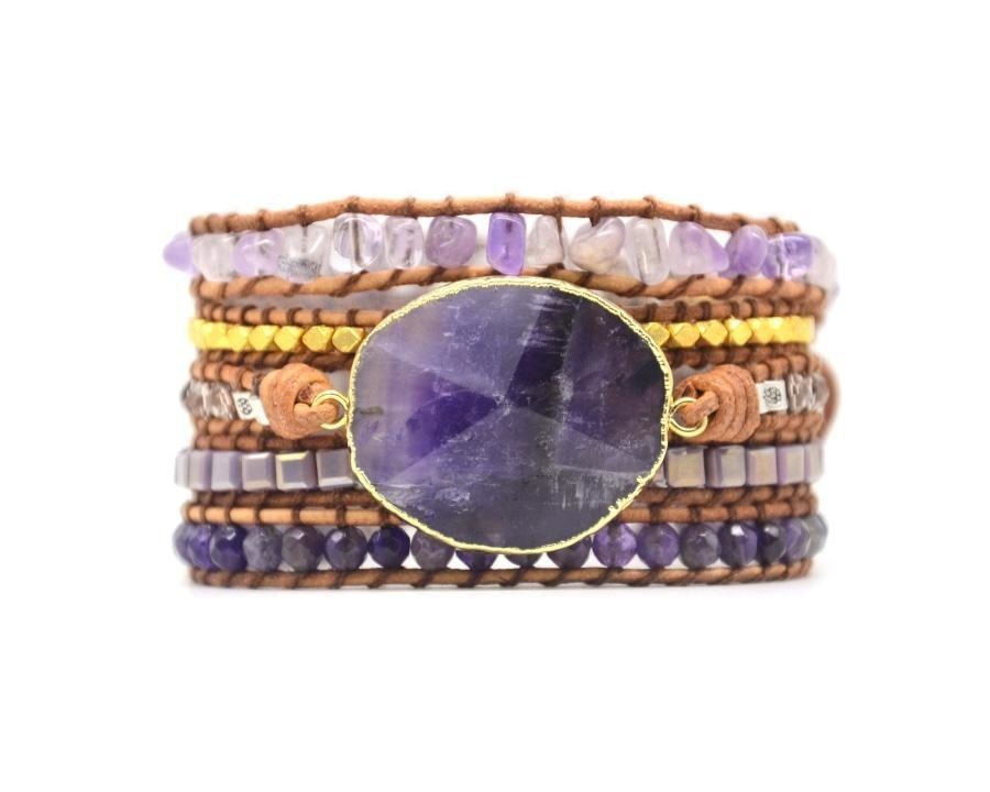 Handmade Natural Amethyst Gemstone Leather Wrap Bracelet - Free Spirit Shop