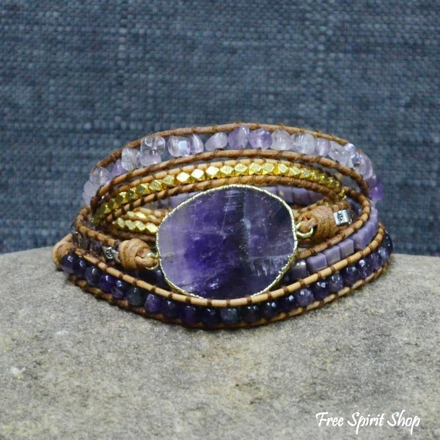 Handmade Natural Amethyst Gemstone Leather Wrap Bracelet - Free Spirit Shop