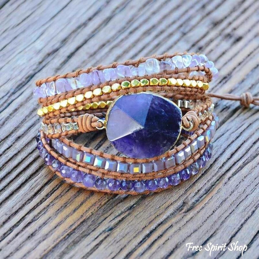 Handmade Natural Amethyst Gemstone Leather Wrap Bracelet - Free Spirit Shop