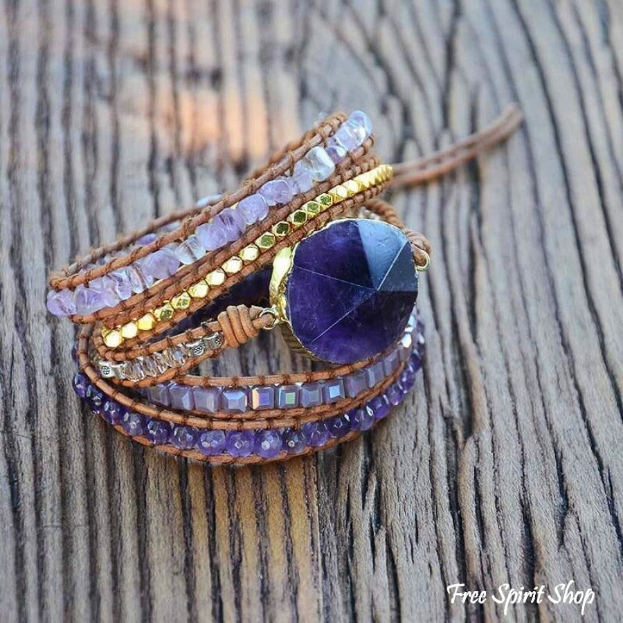 Handmade Natural Amethyst Gemstone Leather Wrap Bracelet - Free Spirit Shop